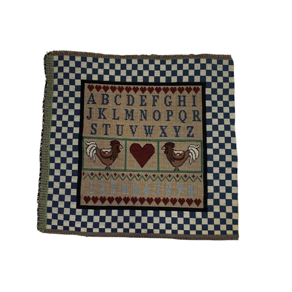 Vintage A B C Roosters Chickens Tapestry Fabric Panel Remnant 13.5x14 Farmhouse